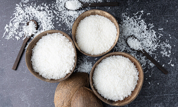 Bowls of Fresh and Organic Desiccated Coconut in the USA