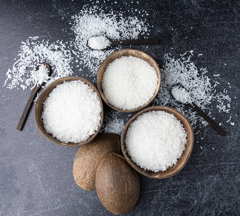 Bowls of Fresh and Organic Desiccated Coconut in the USA